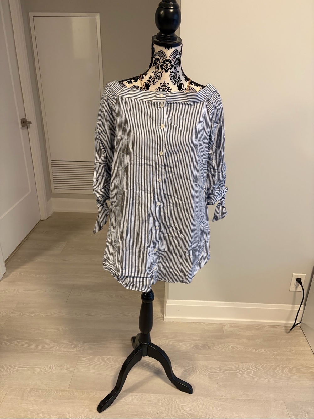 Striped Blue and White Off-Shoulder Button-Front Women’s Top